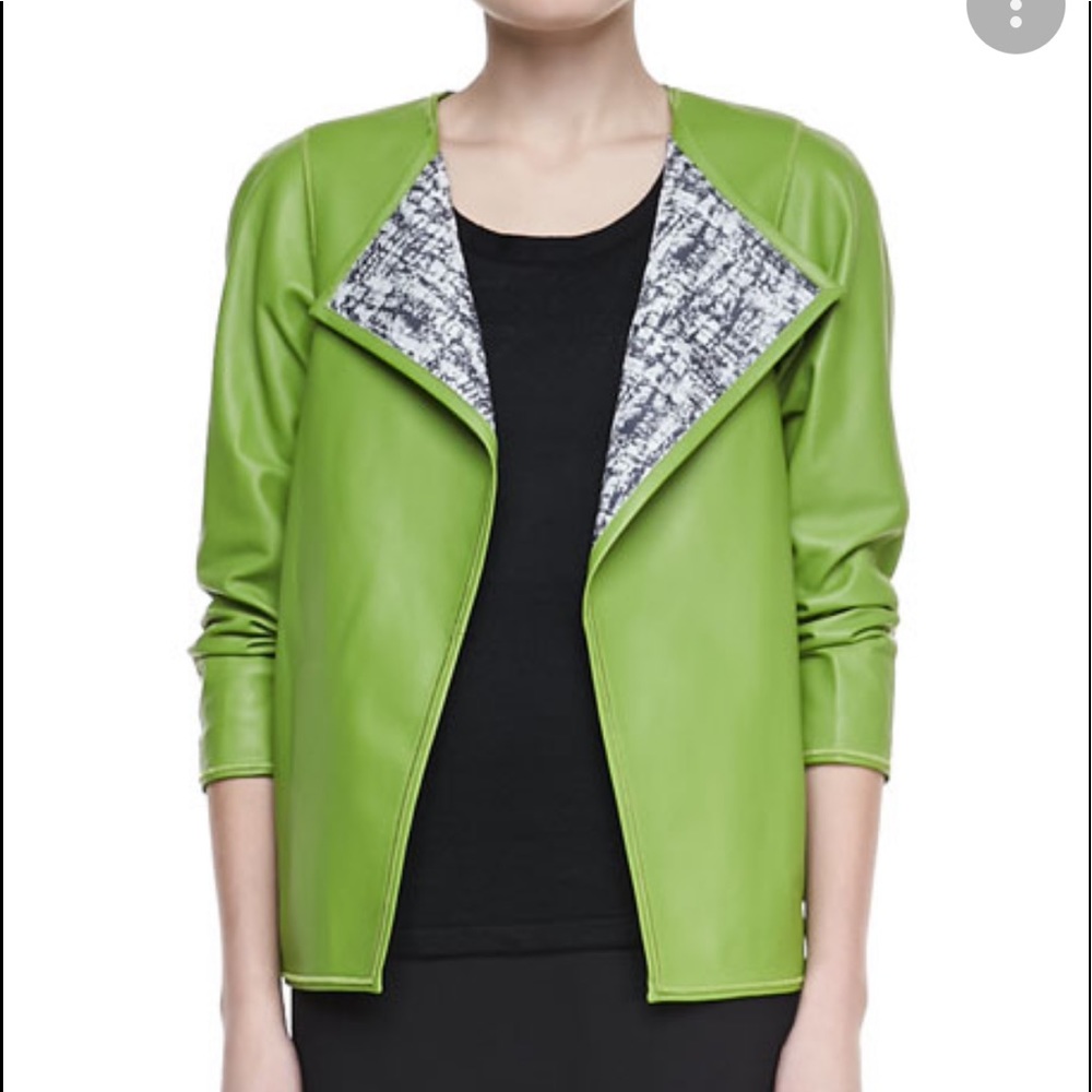 Lafayette 148 New York Lime Green Leather Jacket with Patterned Lining